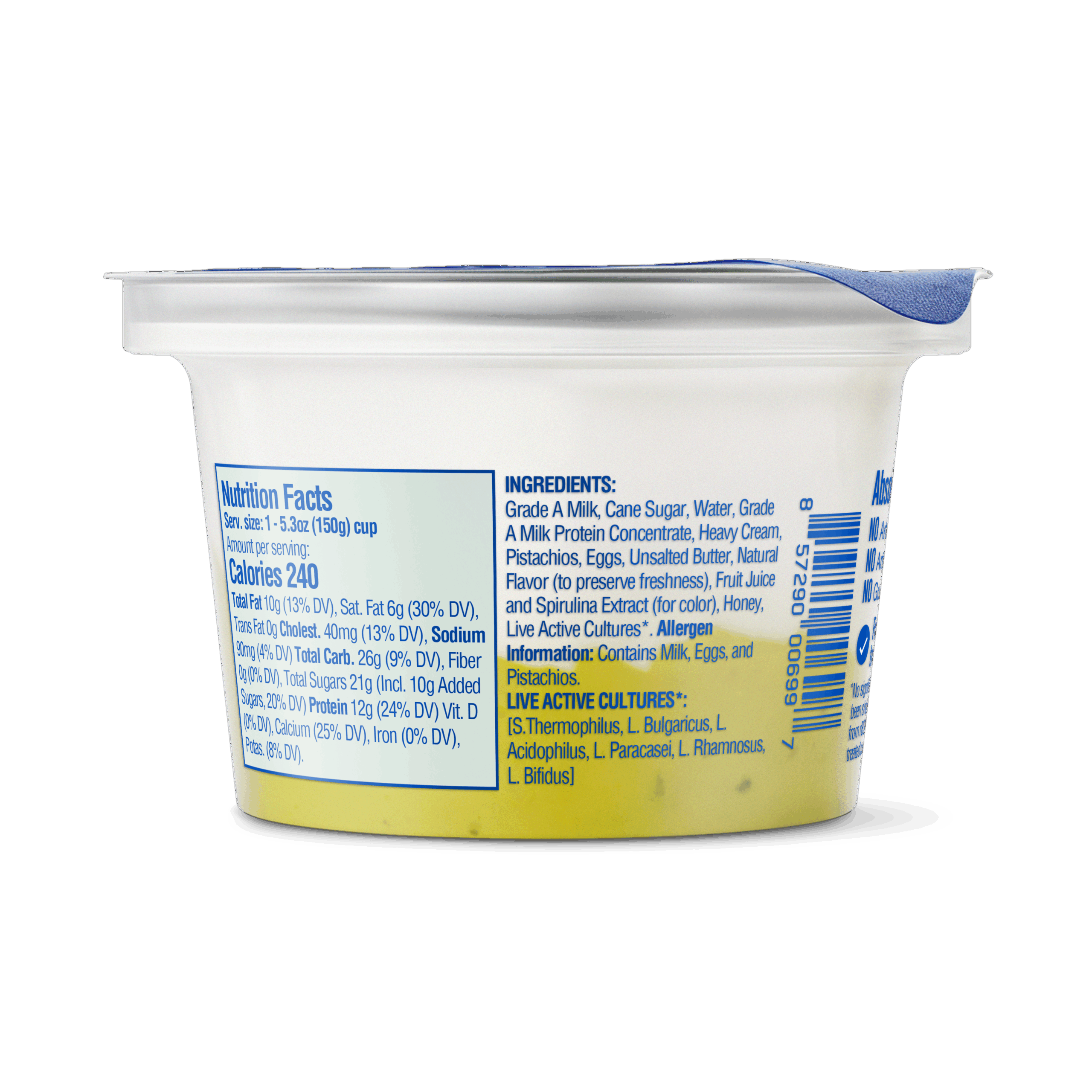 pistachio crème back of cup with nutrition fact panel