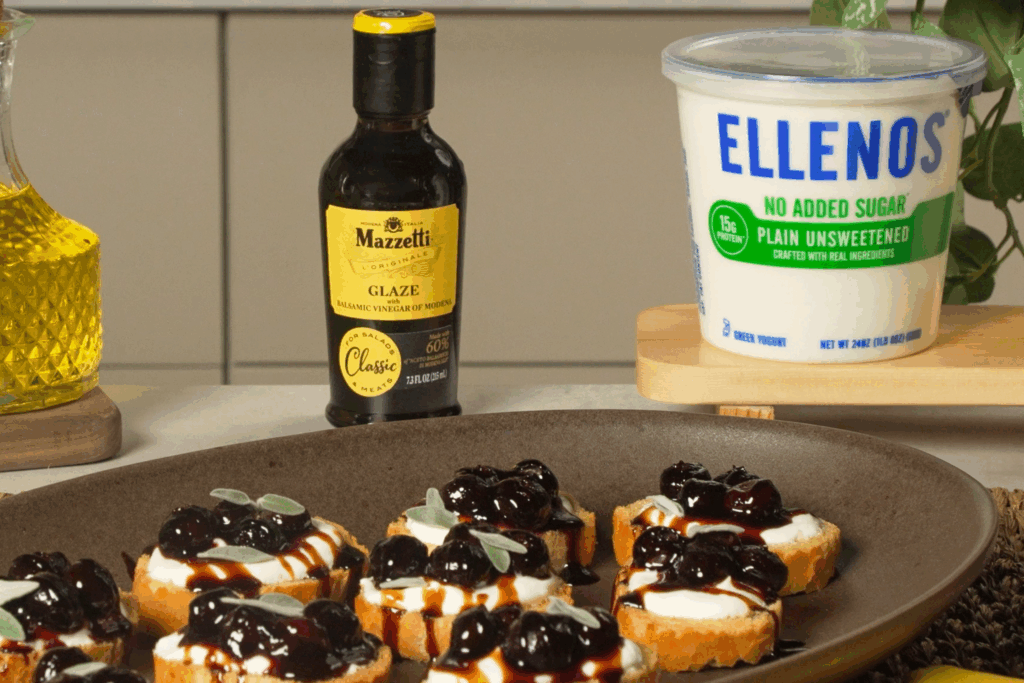 Blueberry crostinis on a brown tray